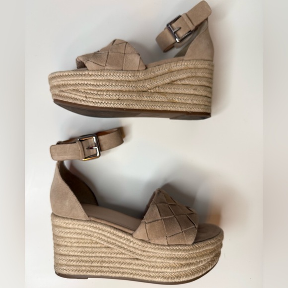 Marc Fisher Women’s Beige/Tan Leather & Suede, Woven Wedge Platform Sandals 8M - Picture 13 of 16